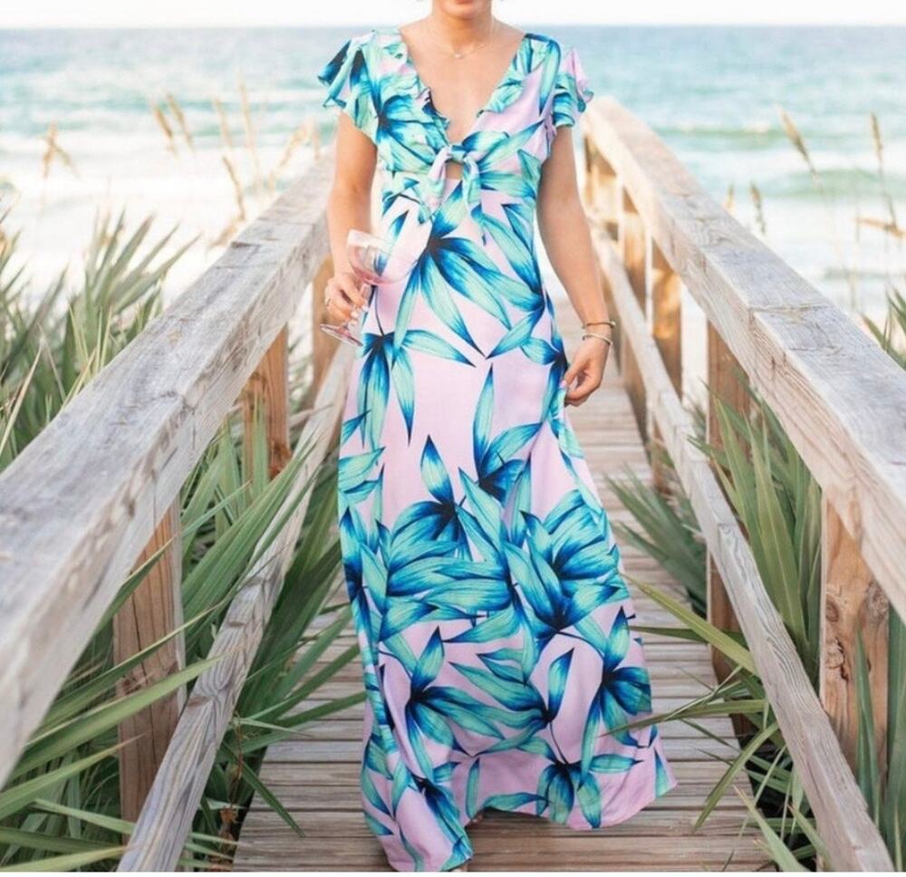 Olivaceous Lavender Maxi Dress Blue Palm Leaves V-Neck Small